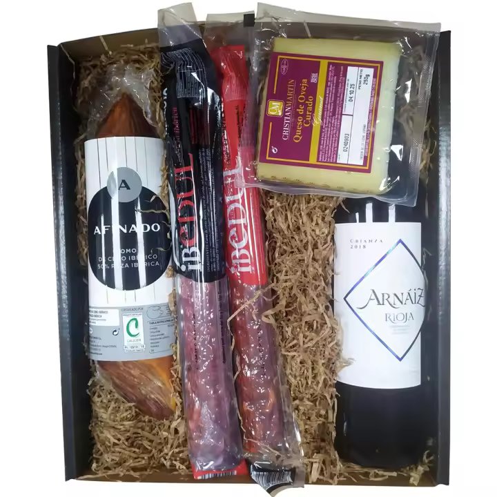 Cesta lote gourmet de regalo navideño empleados con salchichón y chorizo herradura ibérico, lomo extra curado, cuña de queso curado y vino crianza Marques de Carrión - 1