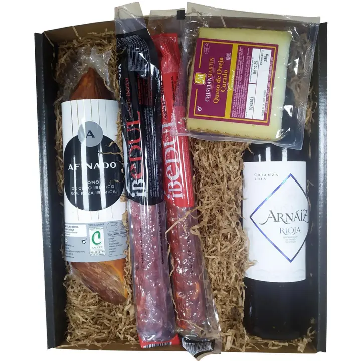 Cesta lote gourmet de regalo navideño empleados con salchichón y chorizo herradura ibérico, lomo extra curado, cuña de queso curado y vino crianza Marques de Carrión - 1