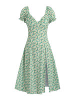 Vestido De Moda Para Mujeres Con Impresión Digital Y Abertura En El Centro Cuello En V Manga Puff Estilo Casual Largo Hasta La Rodilla - details 0