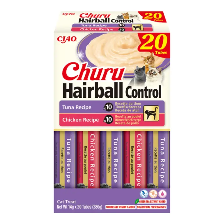 Churu Gato Hairball - 20 X 14 Gr - Snacks Húmedos para Gatos - Favorecen la eliminación de las bolas de pelo - Pack 2 sabores - 1