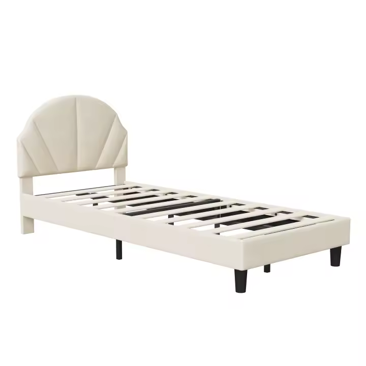 Cama Infantil Beige 90x200 cm de Terciopelo con Cabecero de Concha, Altura Ajustable y Somier de Lamas - 1