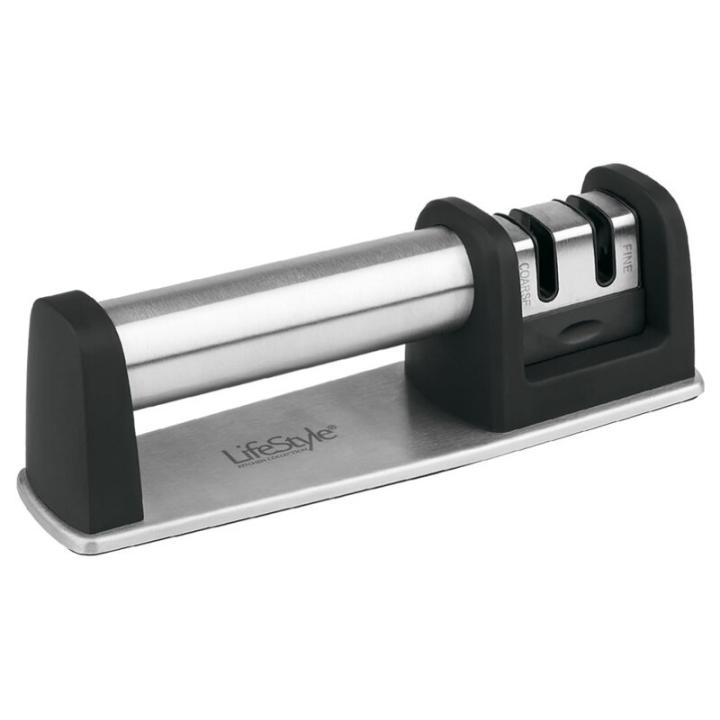 AfiladordeCuchillosDobleProfesionalManual ConesteAfiladordeCuchillosDobledeLifeStylepodráafilarsuscuchillosensolounossegundos,graciasasusistemade2etapas. Subaseantideslizanteysumangoergonómicoleproporcionanunagarremuy