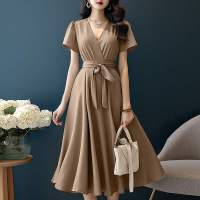 ZANZEA Vestido Midi A-Line Elegante Para Mujer Con Cinturón Y Estampado Sólido Manga Corta Estilo Casual V-Neck Para Vacaciones - details 3