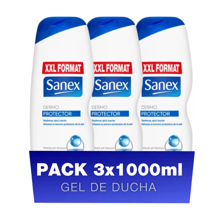 Sanex Gel de Baño - PACK 3 x 1000 ml - Sanex Cuidado Experto Protector Gel de Ducha - Fórmula con Prebiótico Natural, Fortalece la Barrera Protectora de la Piel, 12H Hidratación, 0% Sulfatos, para Todo Tipo de Piel - 1
