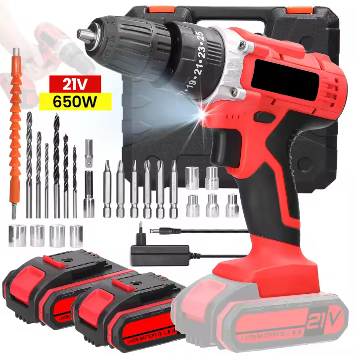 Taladro Inalámbrico 21V 40N.m 2500RPM - 650W Multifunción con Batería Litio, Incl. 2 Baterías + 30 Accesorios para Madera/Metal/Hormigón - 1