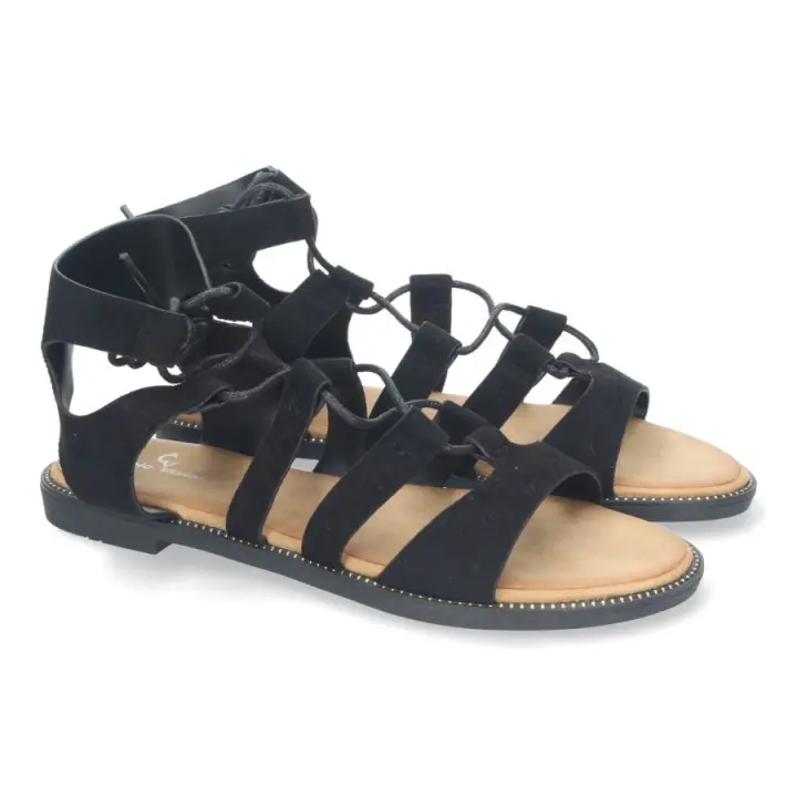Sandalias de Verano para Mujer, Planas Cierre de Cordones tipo gladiador negro o camel - 1