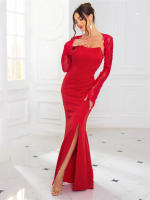 Vestido De Noche De Corte Mermaid Romagic Sin Espalda De Encaje Largo Manga Larga Sin Mangas Para Fiesta De Premio Traje De Baño Con Capa Desmontable - details 6