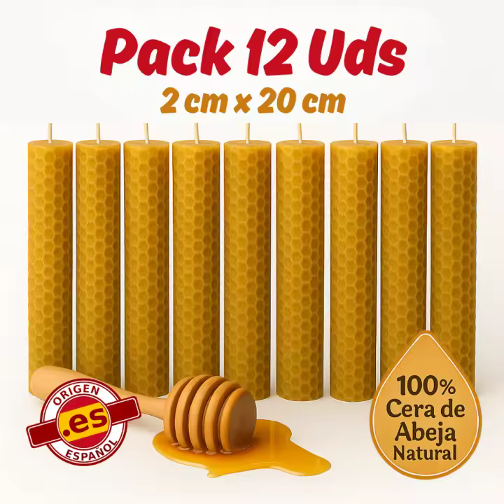 Vadeincienso - Lote de 12 Velas Cera de Abeja Española 100% Natural Hechas a Mano 2x20 cm para Meditación y Relajación - 1