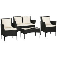 Outsunny Conjunto de Jardín de Ratán Sintético Juego de 4 Piezas Muebles de Jardín con 2 Sillones 1 Sofá de 2 Plazas 1 Mesa de Centro con Tablero de Vidrio y Cojines Negro y Crema - details 0