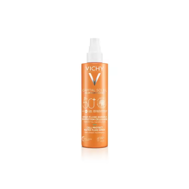 Protector Solar Vichy CAPITAL SOLEIL  CELL PROTECT WATER FLUID SPRAY SPF50 | Protección Avanzada | Acabado Invisible | 200 Ml - 1