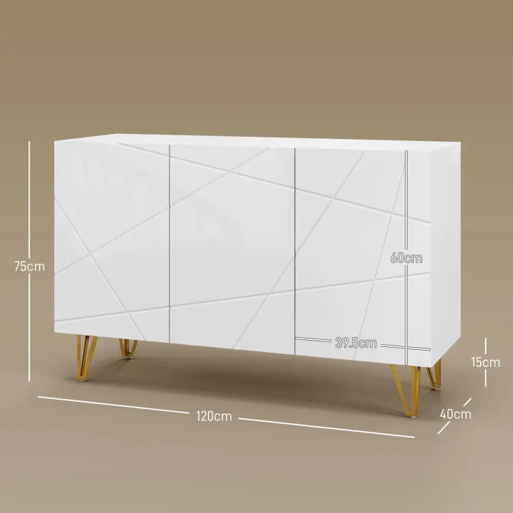 HOMCOM Aparador para Salón Aparador de Entrada con 3 Puertas y Estantes Ajustables Armario de Almacenamiento para Cocina Sala 120x40x75 cm Blanco Brillante - 1