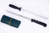 Arcos Juego Cuchillo Jamonero 3 Pzas  jamonero alveolos jamonero acero inoxidable (240 mm), afilador Chaira y cubre jamón  Juego Cuchillos jamonero profesional  Paleta ibérica  Envase Ecologico - details 0