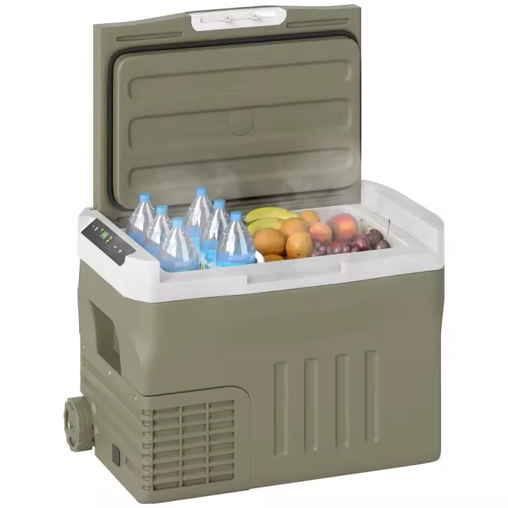 Outsunny Nevera Portátil Eléctrica 30L Refrigerador de Coche -20℃ a +20 ℃ 12V/24V Mini Frigorífico con Ruedas Compresor Pantalla LED Táctil para Hogar Camping Viajes Automóvil 61x39x41,5 cm Verde - 1