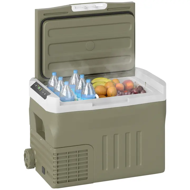 Outsunny Nevera Portátil Eléctrica 30L Refrigerador de Coche -20℃ a +20 ℃ 12V/24V Mini Frigorífico con Ruedas Compresor Pantalla LED Táctil para Hogar Camping Viajes Automóvil 61x39x41,5 cm Verde - 1