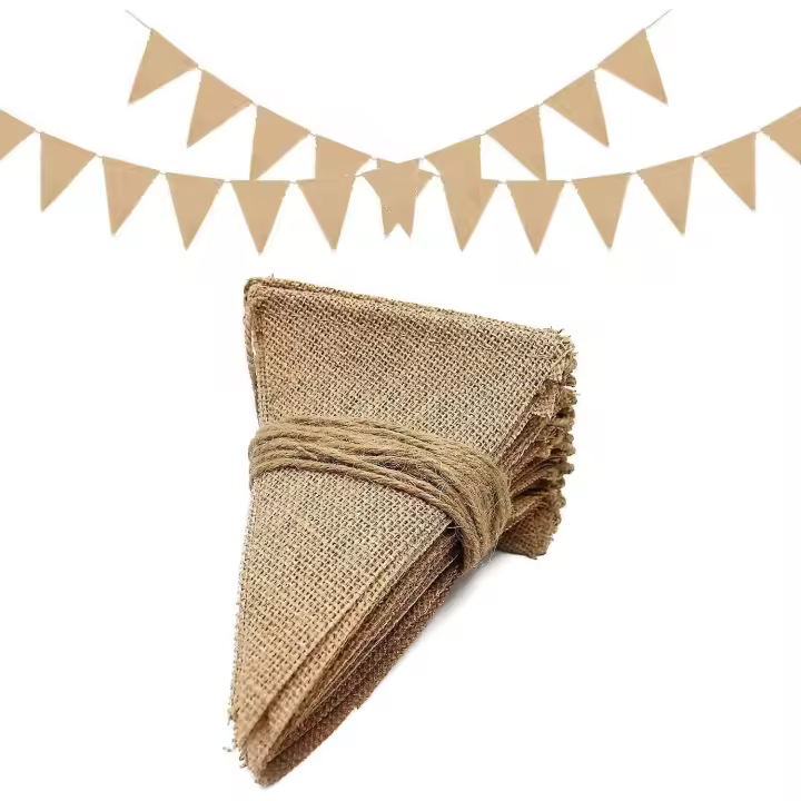 Guirnalda de banderines de arpillera, 15 metros (48 unidades), banderines triangulares vintage para bodas, fiestas y bautizos. - 1