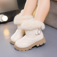Botas De Invierno Para Niñas De Moda Con Pelo De Pluma Grueso Y Cálido Color Sólido Botas Cortas Para Niñas Estilo Británico Con Cierre SLIP-ON Talla Verdadera - details 2