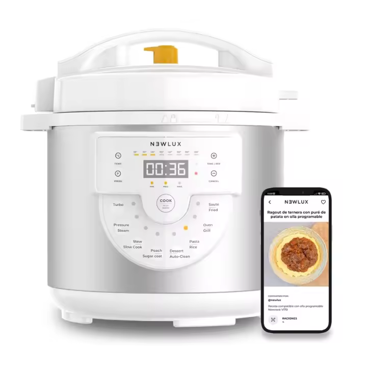 Newlux Olla Programable Chef Pot V170 Blanco 6L con Voz, 15 Funciones, 1000W, Programable 24h, 4 Niveles de Presión - 1