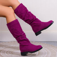 Botas De Media Caña Cómodas Para Mujer Con Punta Redonda, Slip-on, Tacón Medio, Plataforma, Upper De Tela, Suela De TPR, Diseño Clásico. - details 7