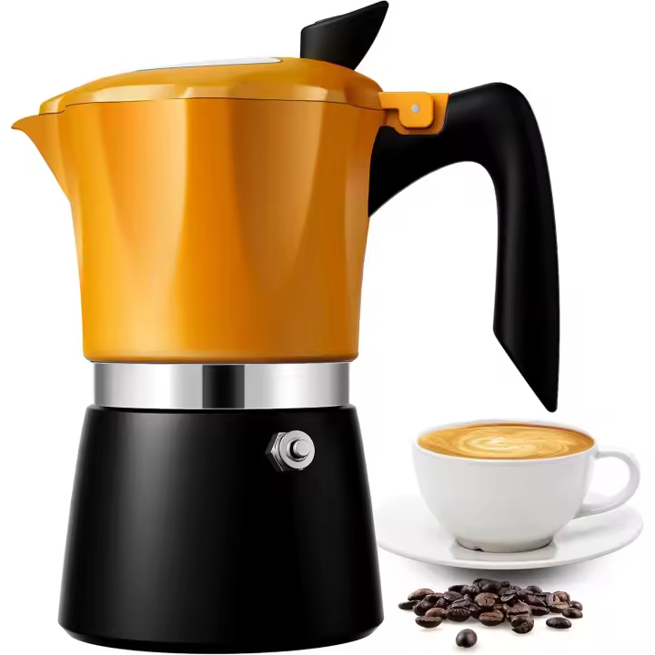 Cafetera italiana de aluminio para estufa, con tapa transparente, capacidad para 6 tazas de espresso, cafetera de aluminio clásica, color naranja y negro - 1
