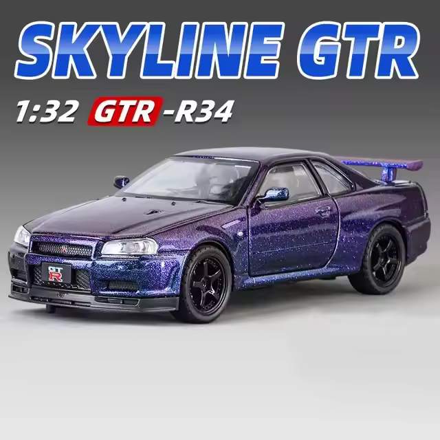 Coche De Deportes SKYLINE GTR R34 a Escala 1:32 Con Luz Y Sonido Modelo De Metal Para Niños Y Adultos Regalos Incluye Función De Retroceso - 1