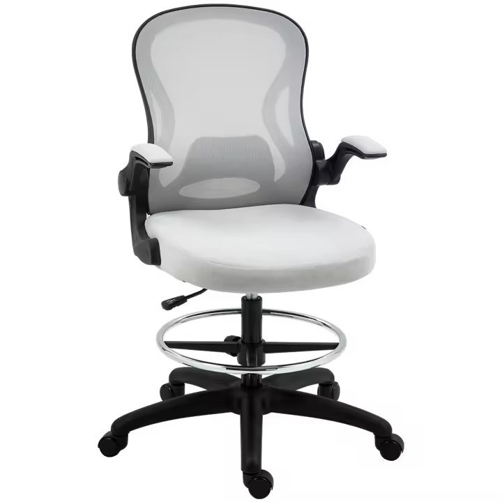 Vinsetto Silla de Dibujo Giratoria Silla de Escritorio Silla Alta con Respaldo Medio Soporte Lumbar Reposabrazos Abatibles Altura Ajustable Carga 120 kg 59x65x102-122 cm - 1
