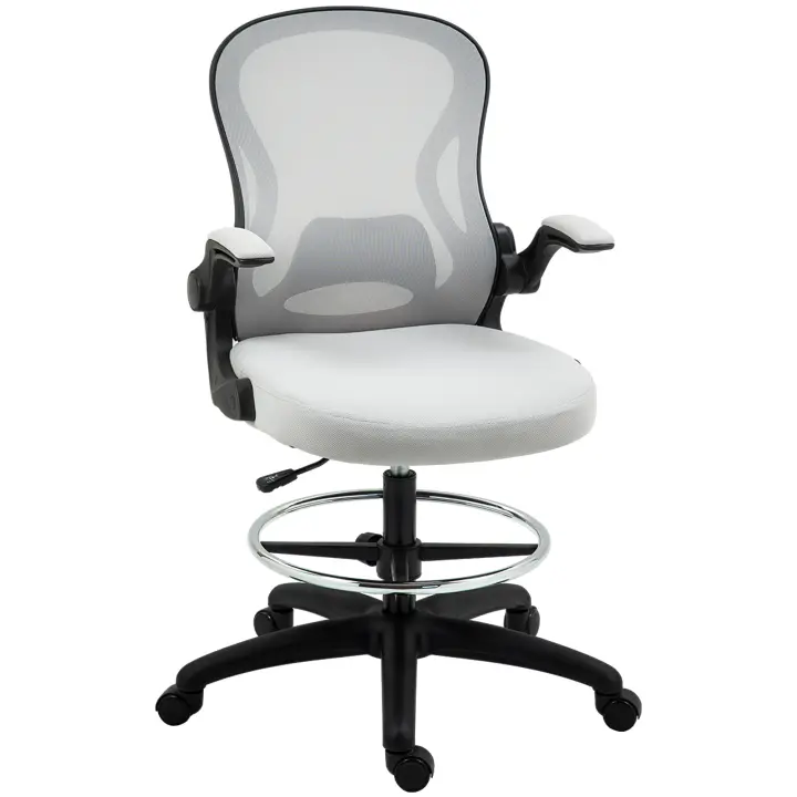Vinsetto Silla de Dibujo Giratoria Silla de Escritorio Silla Alta con Respaldo Medio Soporte Lumbar Reposabrazos Abatibles Altura Ajustable Carga 120 kg 59x65x102-122 cm - 1