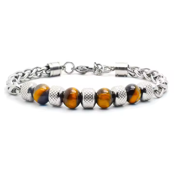 Pulsera de cadena para hombres en acero titánico ajustable con obsidiana y ojo de tigre pulsera de metal natural para hombre accesorios de moda - 1