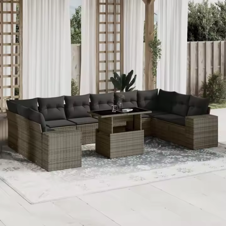 vidaXL Set de sofás de jardín 11 pzas y cojines ratán sintético gris - 1