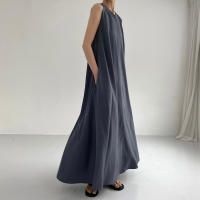 Vestido Maxi De Verano Para Mujer REALEFT 2024 Color Sólido Elegante Con Bolsillos Cintura Suelta Sin Mangas Casual Largo Hasta La Rodilla Material Algodón Y Poliéster - details 12