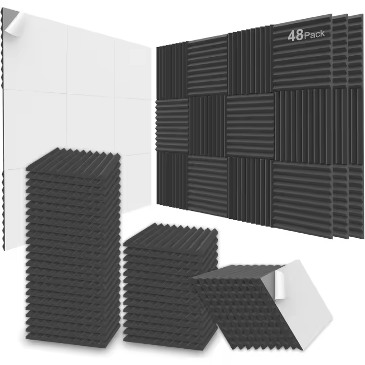 Paneles de espuma acústica, 48 paquetes de 12 x 12 x 1 pulgadas, 2,5 x 30 x 30 cm, paneles de pared autoadhesivos a prueba de sonido para el hogar, la oficina y el estudio (negro) - 1