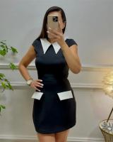 Vestido Mini A-Line Elegante Y Moderno Para Mujer Con Cuello Peter Pan Manga Corta Y Bolsillos Vestido De Fiesta Slim High Waist Patchwork Polyester Spandex - details 16