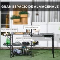 Outsunny Mesa de Cocina de Camping de 3 Niveles Mesa de Camping Plegable Portátil con Estantes de Almacenaje Fregadero Soporte para Lámpara y Bolsa de Transporte para Exterior 173x52x80-174 cm Negro - details 3