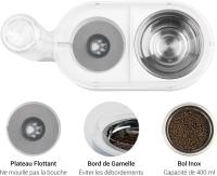 Cuenco para gatos y perros, dispensador de agua silencioso con botella, antiderrame y cuenco de acero inoxidable antideslizante para mascotas (blanco) - details 0