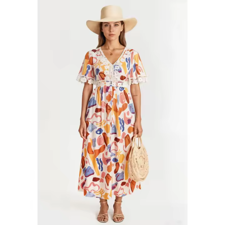 Vestido mujer midi fluido dress estampado floral multicolor modelo AN-031037 manga corta avolantada escote V detalles crochet elegante fresco talla 38 verano cómodo versátil ✅Entrega 24/48h - 1