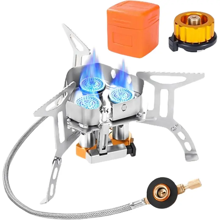 Hornillo de camping de 8000 W, hornillo de gas con encendido piezoeléctrico, resistente al viento, estufa de camping plegable, con adaptador para exteriores, pícnic, trekking, senderismo - 1
