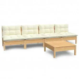VIDAXL 3096130 conjunto para jardín de 5 piezas con mesa y sofás en madera de pino con cojines color crema - 1
