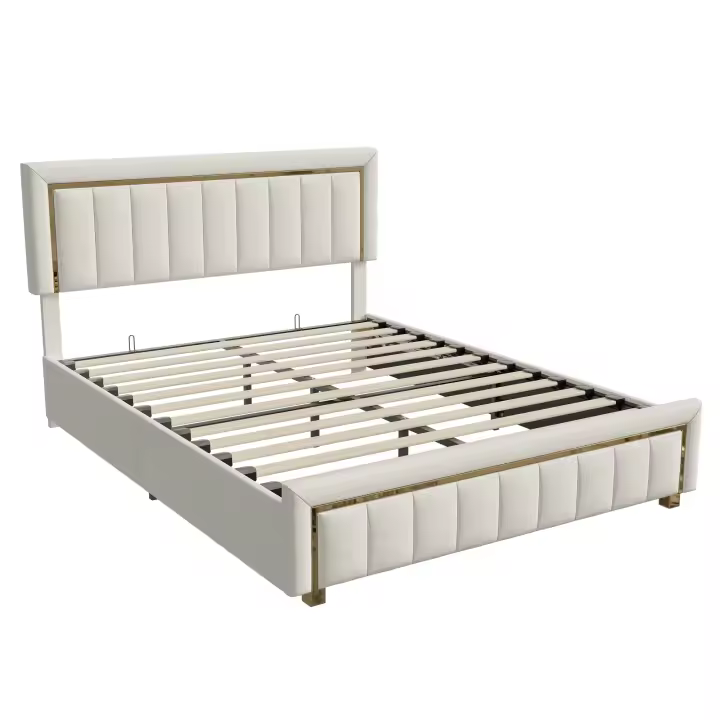 Cama tapizada de lujo Superaly, combinación de colores clásica en negro y dorado, cama doble, estructura de cama hidráulica, ideal para apartamentos con dormitorio, sin colchón, terciopelo. - 1