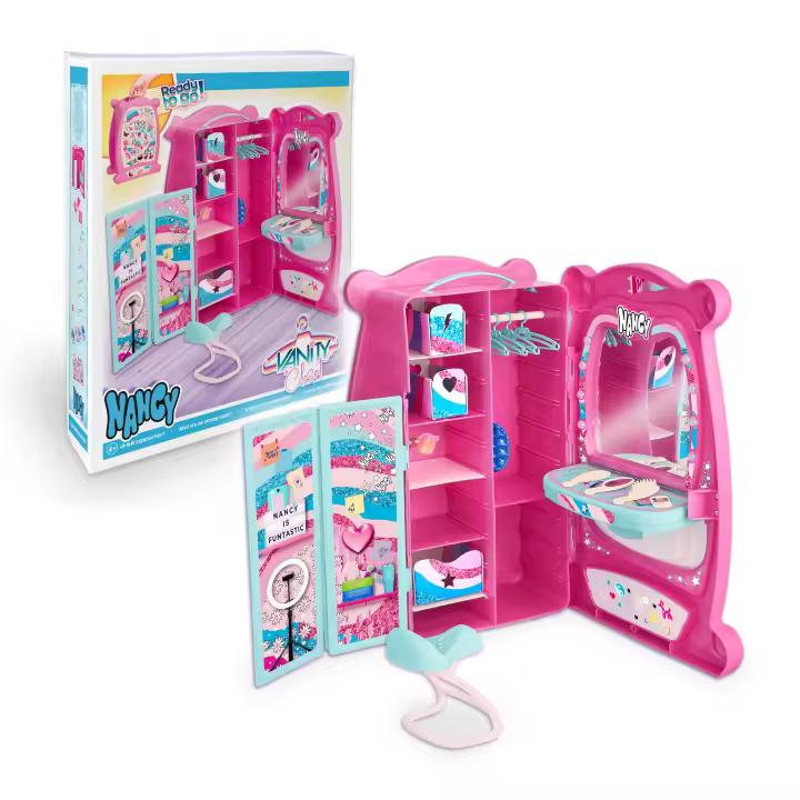 Nancy Vanity Closet, Armario y Tocador de Nancy, Tocador con Espejo y Armario con Barras y Cajones para la Muñeca,  Incluye Biombo, Asiento y Percha para la Ropa, Famosa (NAC94000) - 1