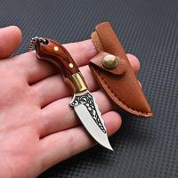 Cuchillo Pequeño De Acero Inoxidable Con Mango De Madera Y Estuche De Cuero Mini Portátil Para Camping Y Uso Diario Color Bronce - details 1