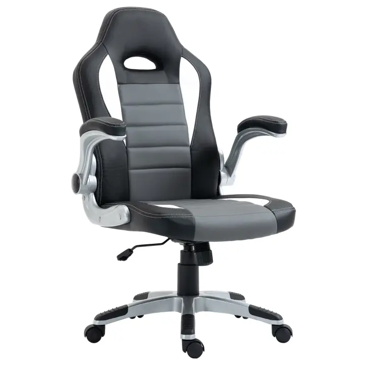 HOMCOM Silla de Oficina Ergonómica Silla de Escritorio Ajustable en Altura Reposabrazos Abatibles con 5 Ruedas Cuero Sintético PU Carga 120 kg 65x69x112-122 cm Gris - 1