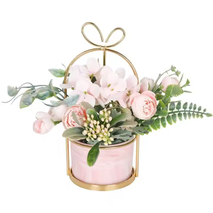 Flores artificiales con jarrón: ramo de hortensias y crisantemos, centro de mesa para bodas, decoración del hogar, sala de estar - 1
