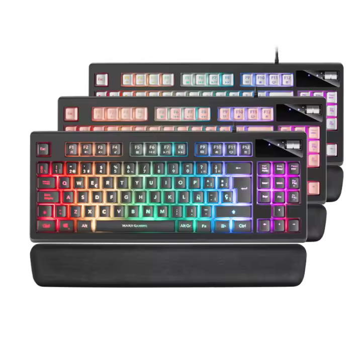 Mars Gaming MKAX, Teclado Compacto TKL H-Mech, Iluminación RGB 9 Efectos, Reposamuñecas Gel, Tecaldo Gaming con Idioma Español en Negro, Rosa o Blanco - 1