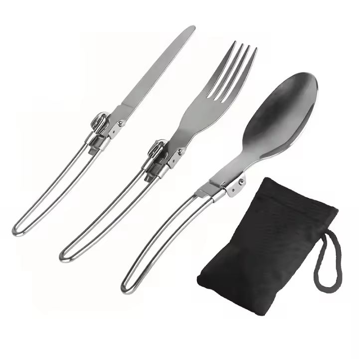 Set De Utensilios De Camping Plegables De 3 Piezas En Acero Inoxidable Con Bolsa De Transporte Ideal Para Picnics Senderismo Y Camping - 1