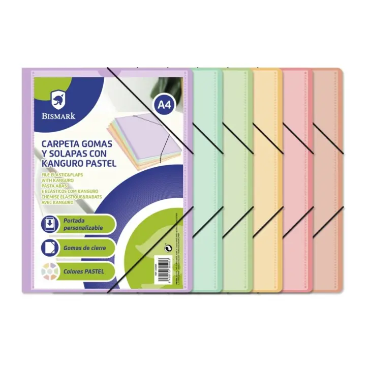 CARPETA PLASTICO GOMAS Y SOLAPAS CON KANGURO COLORES BASICOS Y PASTEL A/4 BISMARK COLOR A ELEGIR - 1
