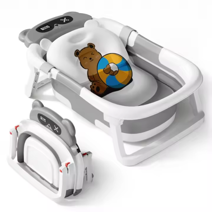 PORCHEDDU Bañera plegable portátil para bebés con termómetro incorporado, alfombrilla antideslizante, adecuada para recién nacidos, pies antideslizantes, tapón de seguridad, diseño ergonómico - 1