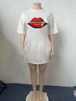 Vestido De Verano Casual Rojo Con Labios Para Mujer Cuello Redondo Manga Corta Tamaño Suelto Estilo Bohemio Midi - details 7