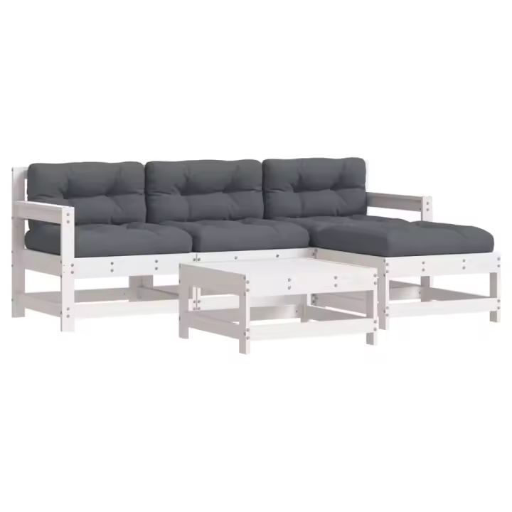 vidaXL Juego de muebles jardín 5 piezas y cojines madera maciza blanco - 1