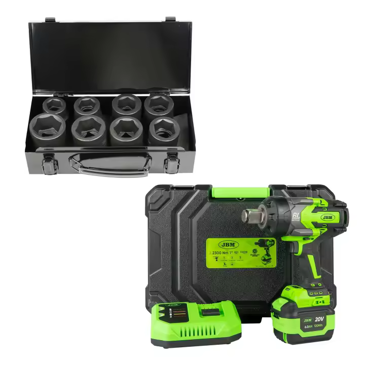 Pistola de impacto brushless a batería de 1" 2300 NM con maletín + se de 8 vasos de impacto de 1" de las medidas24, 27, 30, 32, 33, 36, 38 y 41 mm, el maletín incluye la pistola, el cargador de 20v y una batería li-on de 6.0 ah - 1