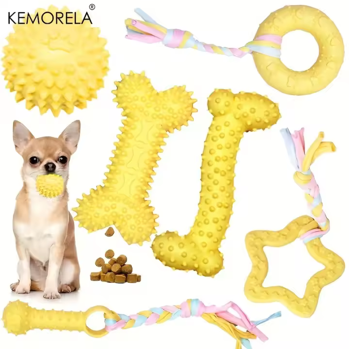 Juego De 6 Juguetes Para Morder Para Perros Pequeños Y Medianos Juguetes Interactivos De Goma Suave Para Limpieza De Dientes Y Treats Set De Hueso De Juguete Y Bola Divertida - 1