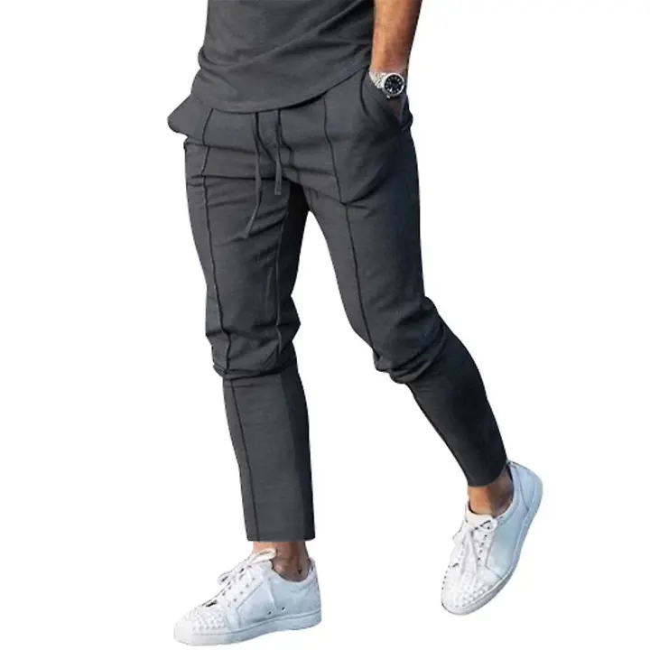Mens Pants Elastic Waist Drawstring Sweatpants Plain Sports Running Trousers - 1